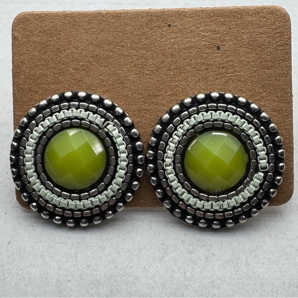 Mixed Media Earrings by Rain Silver Tone With White Chain and a Green Center
